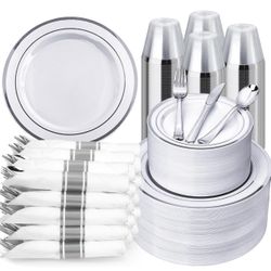 BESTVIP 700 Piece Silver Plastic Dinnerware Set for 100 Guests Disposable Dinnerware Includes: 200 Plastic Plates, 100 Pre Rolled Napkins with Silver 