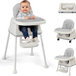  6-in-1 Baby High Chair, Portable Convertible Highchair, Grey High Chairs Included 5-Point Safety Harness, Removable Dual-Layer Tray, Locking Wheels, 