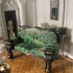 Black Ebonywood Frame Sofa With Tapestry Of Forest miniature, dollhouse furniture