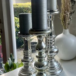 Set Of Three Silver Candle Holders With Candles 
