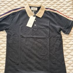 Gucci Men's Polo Shirt Black Beige Collar 2XL Short Sleeve Button Front Logo