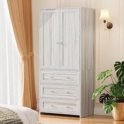 Armoire Wardrobe Closet with Drawers and Mirror, 71" Clothing Storage Cabinet with Hanging Rod, 2 Doors Wooden Wardrobe Cabinet for Bedroom, Large Cap