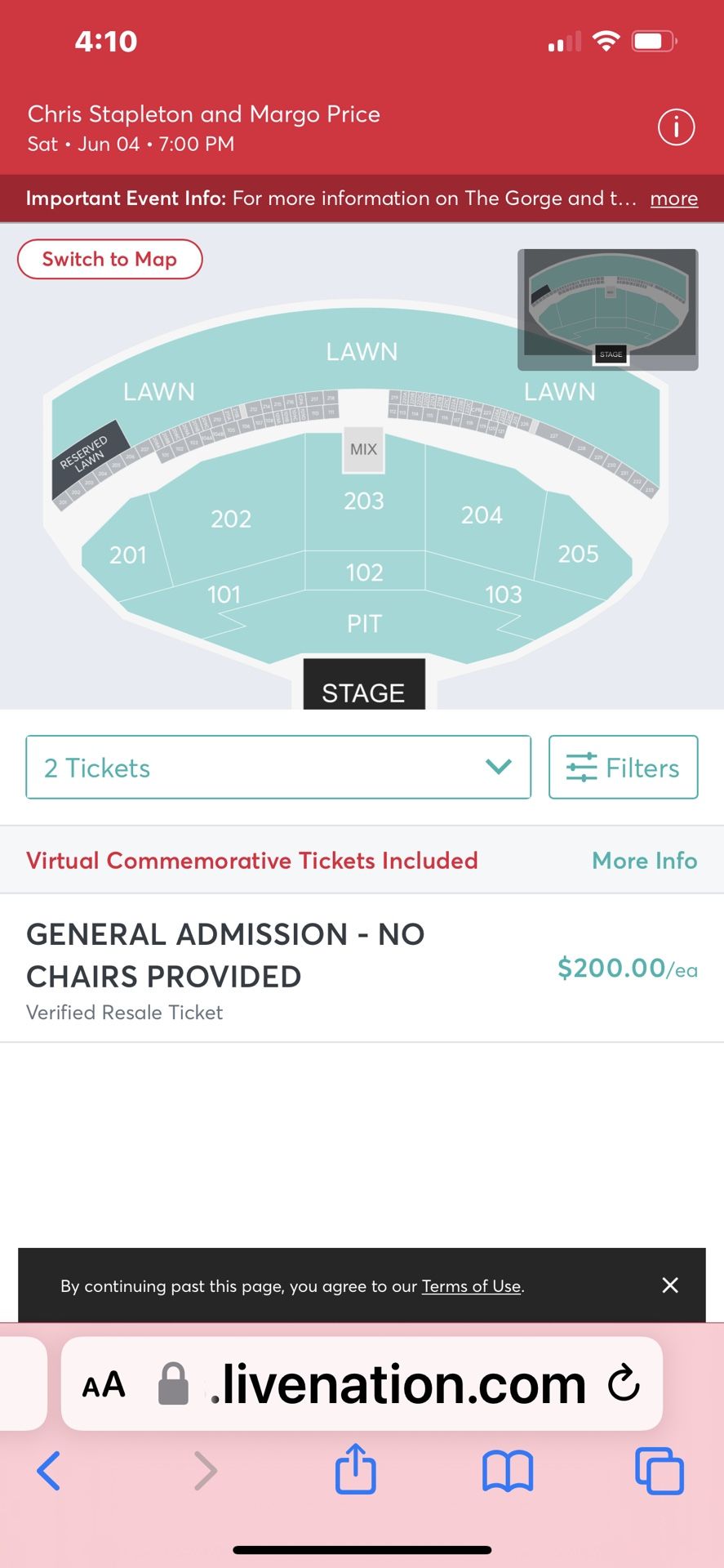 Reserve Lawn Seats Chris Stapleton June 4, Gorge Amphitheater