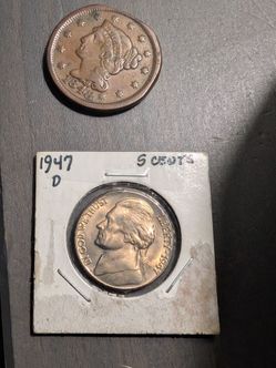 1947d golden nickel and 1800s large cent
