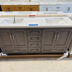 66” Bathroom Vanity in Ash Gray, double sink soft close solid wood with vanity top in white  $1049 