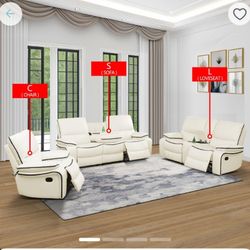 Off-White Boned Leather 3pc Sofa Set 