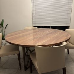 Crate & Barrel 60” Round Real Wood Table  + 4 Cream Chairs — Excellent Condition