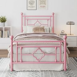 Twin Size Metal Platform Bed Frame with Vintage Cross Pattern Headboard&Footboard, Pink