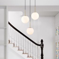 3-Light Globe Pendant Chandelier – Brushed Gold & Frosted White Glass 