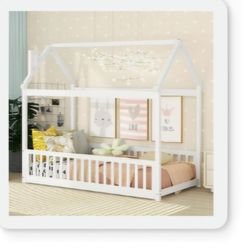 Twin Size House Floor Bed,Wooden Montessori Bed with Fence and Roof