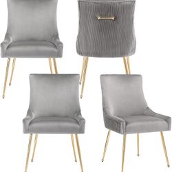 Velvet Dining Chairs Set of 4 with Gold Metal Legs, Modern Upholstered Kitchen Chair with Pull Handle & Pleated Back, Mid Century Accent Chair for Van