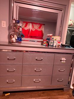 Gray Dresser with Mirror and Crocodile Texture