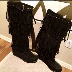Black Suede Fringe Boots. Size 7.