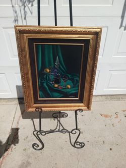 Vintage framed still life oil on velvet painting signed Cannon