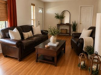 4-Piece Genuine Leather Living Room Set + Solid Wood Tables