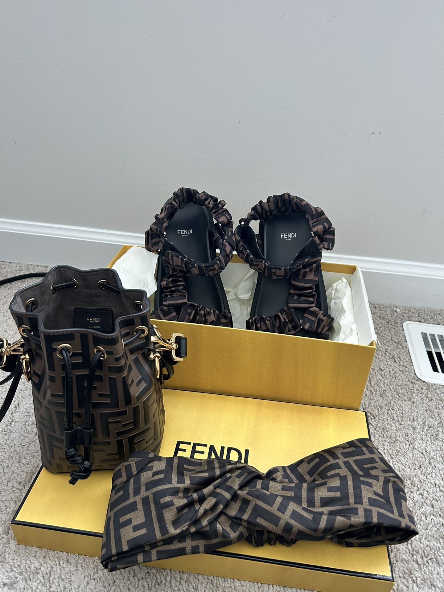 Fendi Designer Bundle – Mon Tresor Bucket Bag, Logo Sandals & Headband (Matching Set)