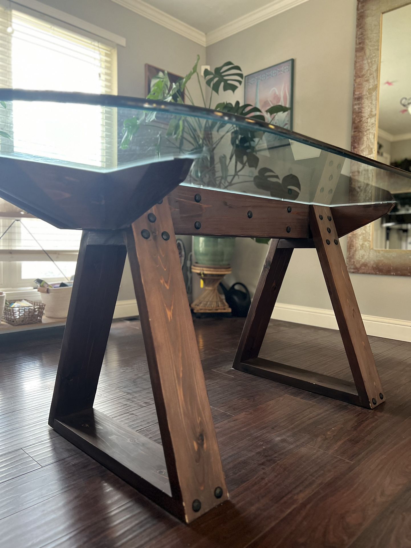 7’ Glass Table With Custom Real Hardwood Base