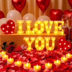 I Love You Light Up Sign With Candles, Balloons, And Rose Petals 