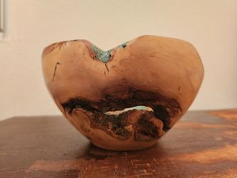 Unique Art Bowl - handmade from Olive wood with turquoise inlay.