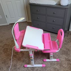 Kids Desk and Chair Set, Height Adjustable Children Study Table with Led Light, Bookstand, Wood Tiltable Anti-Reflective Tabletop