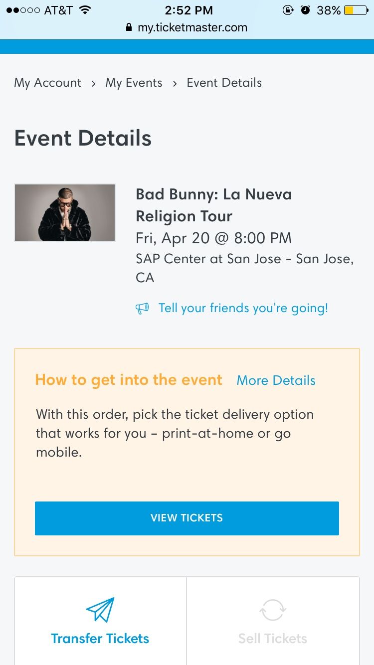 BAD BUNNY CONCERT 4/20 SAP CENTER San Jose 1 ticket