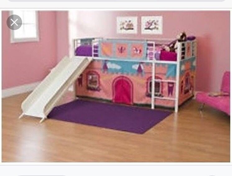 Twin Jr Loft Bed White Metal With Slide Princess Castle Canopy Included