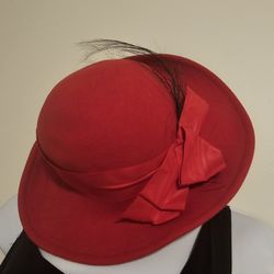 $10.00 - Vintage Hat By Designer, Betmar - Black Feather Detail + Ribbon/Gorgeous Hot Red - PRICE JUST REDUCED!