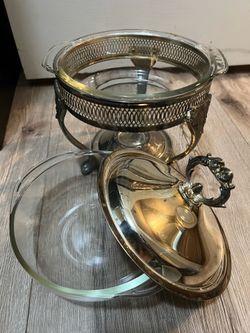 Vintage Fire-King Silver-Plated Chafing Dish Buffet Warmer with Clear Glass Insert & Lid
