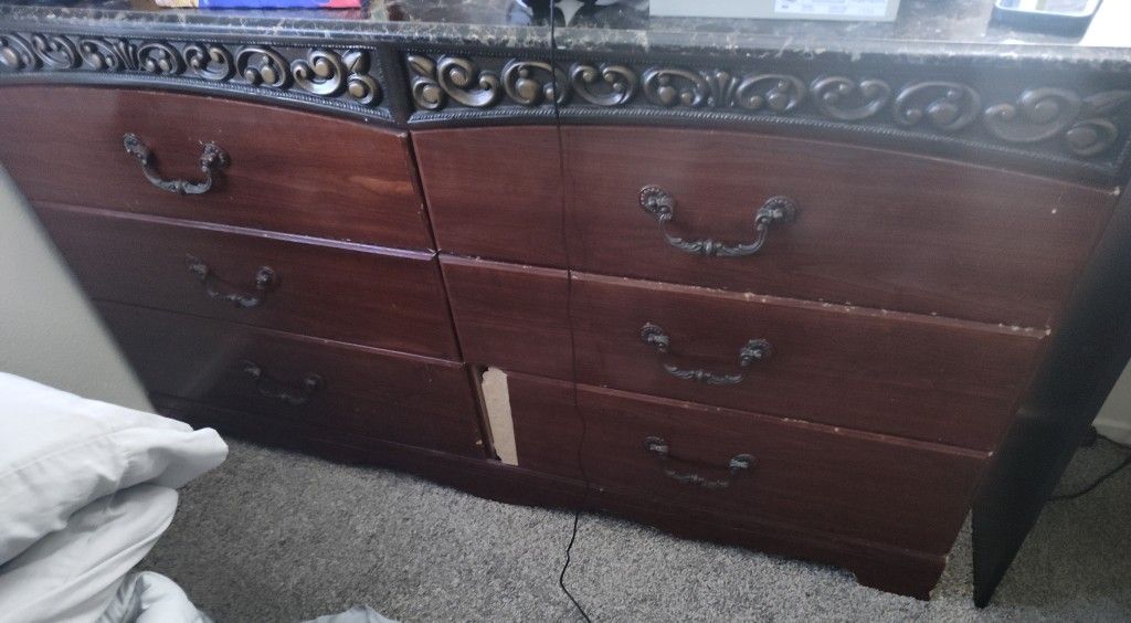 Long Dresser With Mirror Matching Nightstand And Separate Tall Dresser