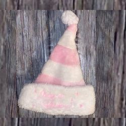 Baby Girls “Baby’s 1st Christmas” Pink & White Striped Plush Santa Hat