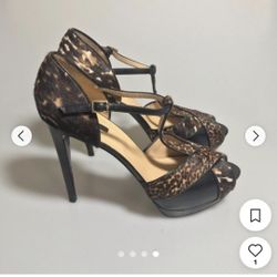 Longchamp Le Pliage  Leopard Ponyhair Peeptoe Heels ,Size 10