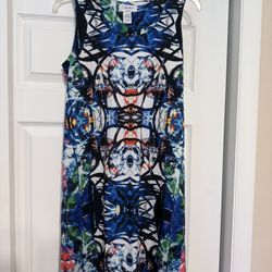 Carmen Marc Valvo Blue & Black Geometric Pattern Dress - Size Medium