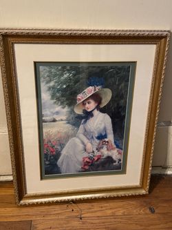 R.WILSON WOMAN WITH DOG LANDSCAPE PAINTING