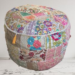 Handmade Indian Patchwork Pouf Ottoman – Pink Multicolor Embroidered Boho Floor Cushion