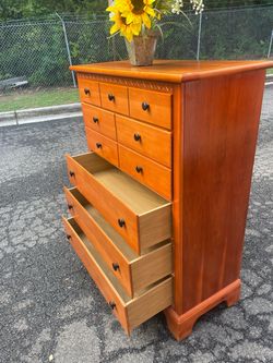 Vaughan solid wood tall chest with big drawers . Drawer sliding smoothly