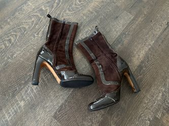 Size 38.5 Brown Suede & Patent Leather Heeled Ankle Boots