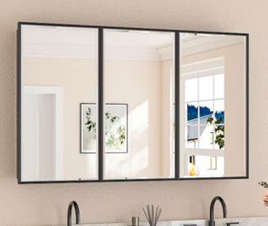 TETOTE 48 in. W x 30 in. H Rectangular Aluminum Black Framed Recessed/Surface Mount Medicine Cabinet with Mirror