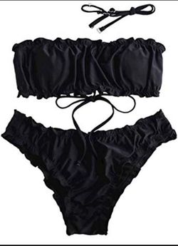 Women's Striped Smocked Bandeau Bikini Set Strapless Shirred Padded Two Piece Swimsuits