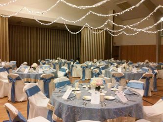 Blue Satin Tablecloths and chair sashes