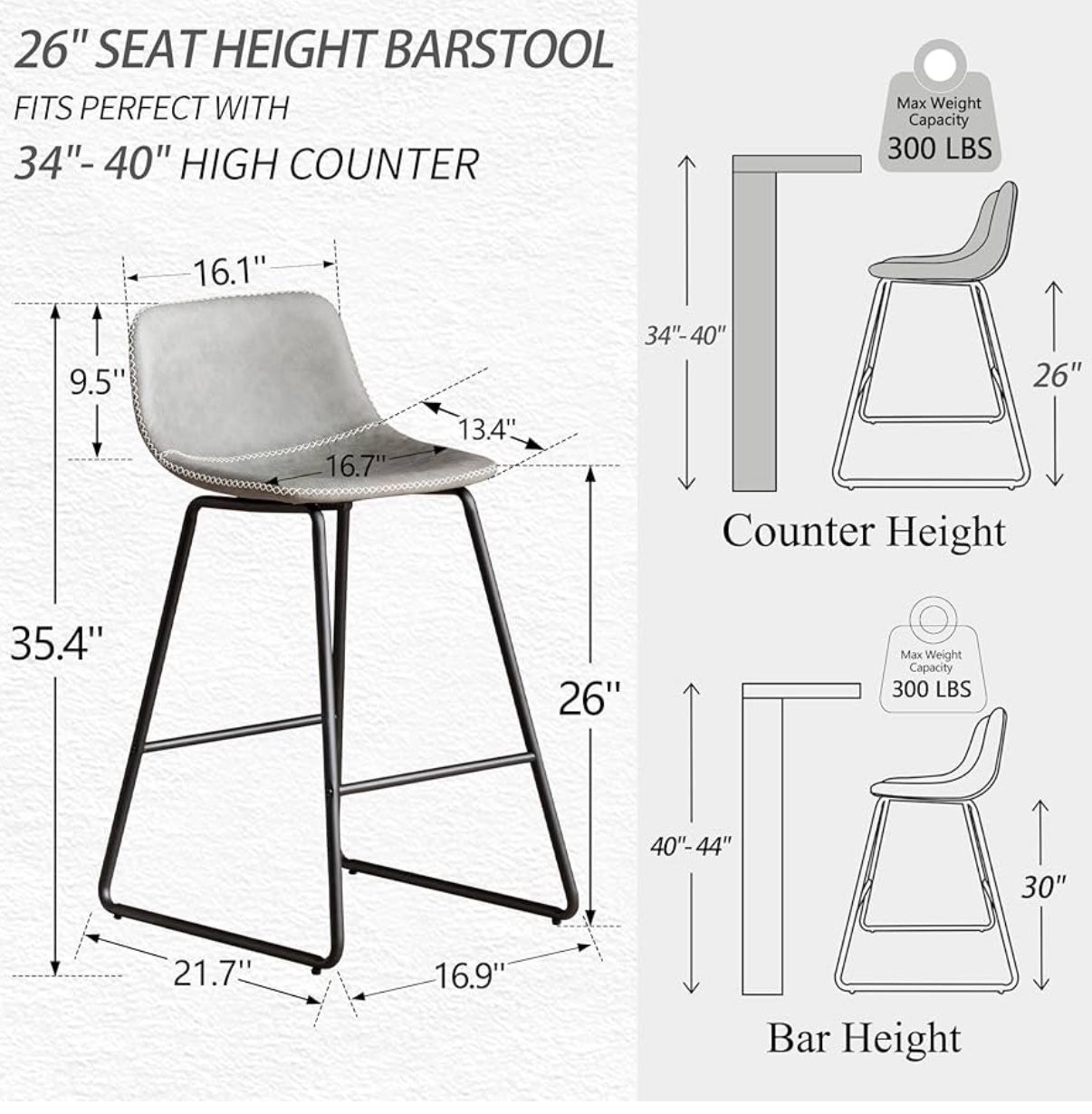 HeuGah Bar Stools Set of 4 Modern Counter Stools with Backs) (Comfortable Faux Leather Cushion Bar Stools) 26 Inch Seat Height for Home Kitchen Count