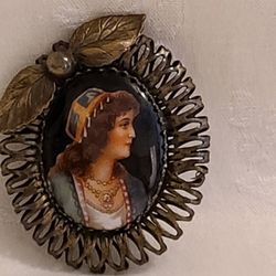  Vintage/Antique Victorian Painted Cameo Brooch Large 2.5" Excellent Condition