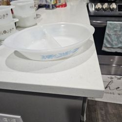 Vnt. Glasbake Milk Glass Turquoise Crazy Daisy 12" Divided Casserole Dish J2352