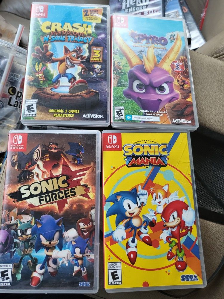 4 Nintendo switch games sonic Forces
Sonic mania
Crash Bandicoot n sane trilogy
Spyro trilogy