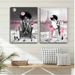 🖤 Brand New Black Woman Pink & Grey Paris Canvas Wall Art – Set of 2 (20x30in)