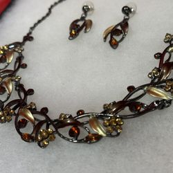 Vintage Floral Necklace & Earring Set – Autumn Tones 