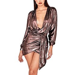 Andongnywell Womens Sexy Deep V Neck Metallic Ruched Dress Long Sleeve Sparkly Bodycon Sequin Irregular Club Dresses