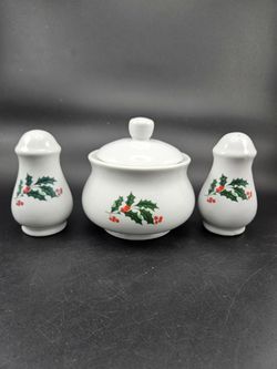 Christmas Holly Berry Sugar Bowl with Lid & Salt Pepper Shakers Set 3.5 in H