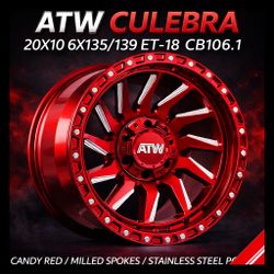 New 20" TL ATW CULEBRA 20X10 6X135/139 ET-18 CB106.1 CANDY RED / MILLED SPOKES / STAINLESS STEEL POINTS