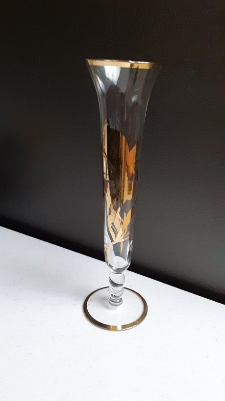 Clear Glass Bud Vase With Gold Flowers & Trim