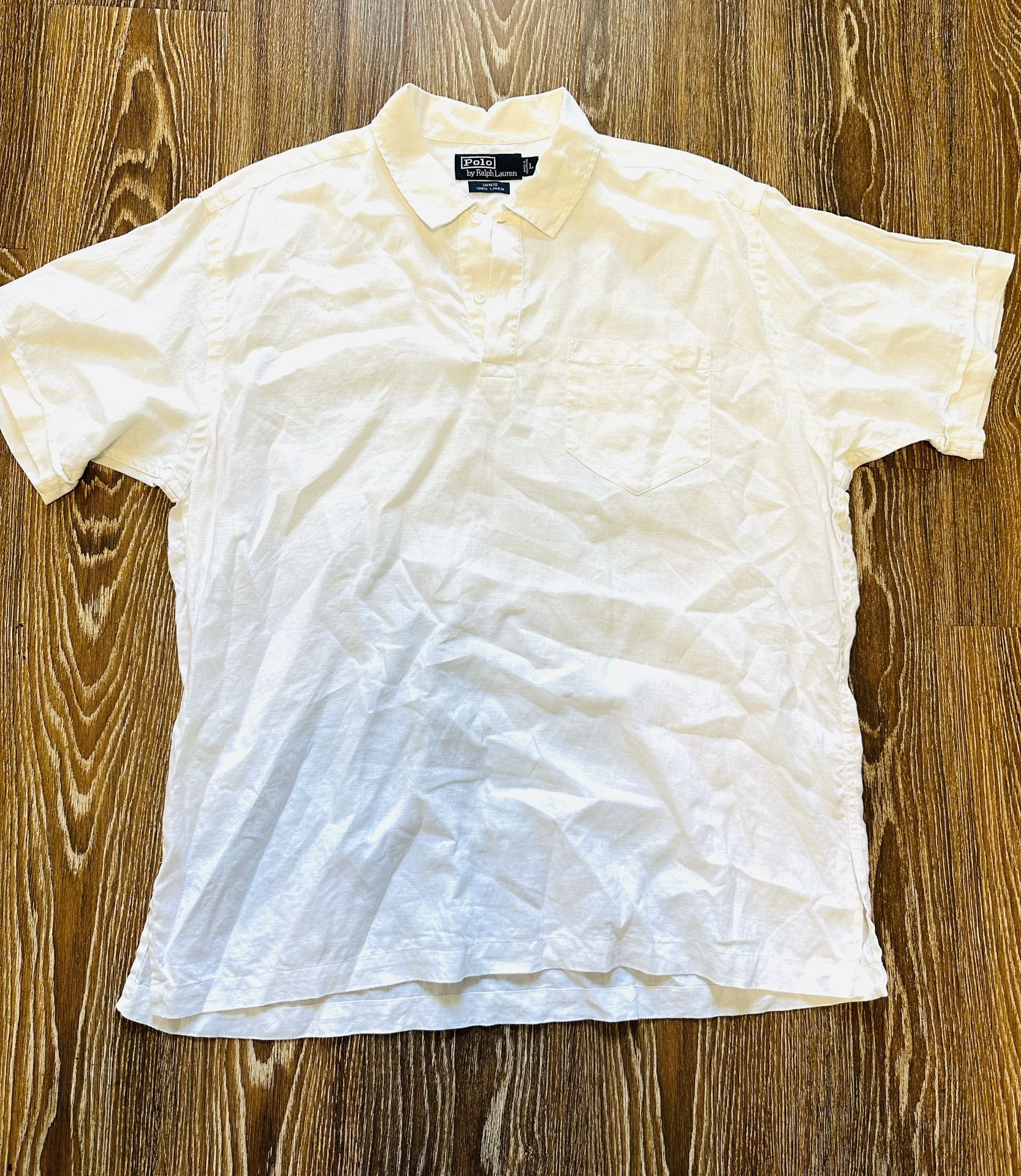 Polo Ralph Lauren White Beige Linen Blend Short Sleeve Collar Shirt Men’s Large